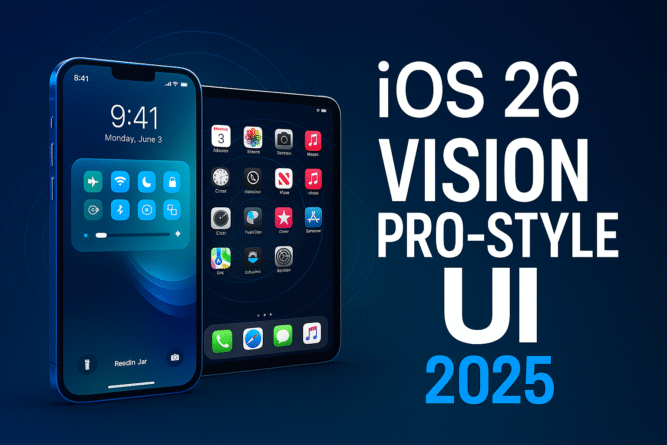 iPhone and iPad displaying Vision Pro-inspired floating UI of iOS 26